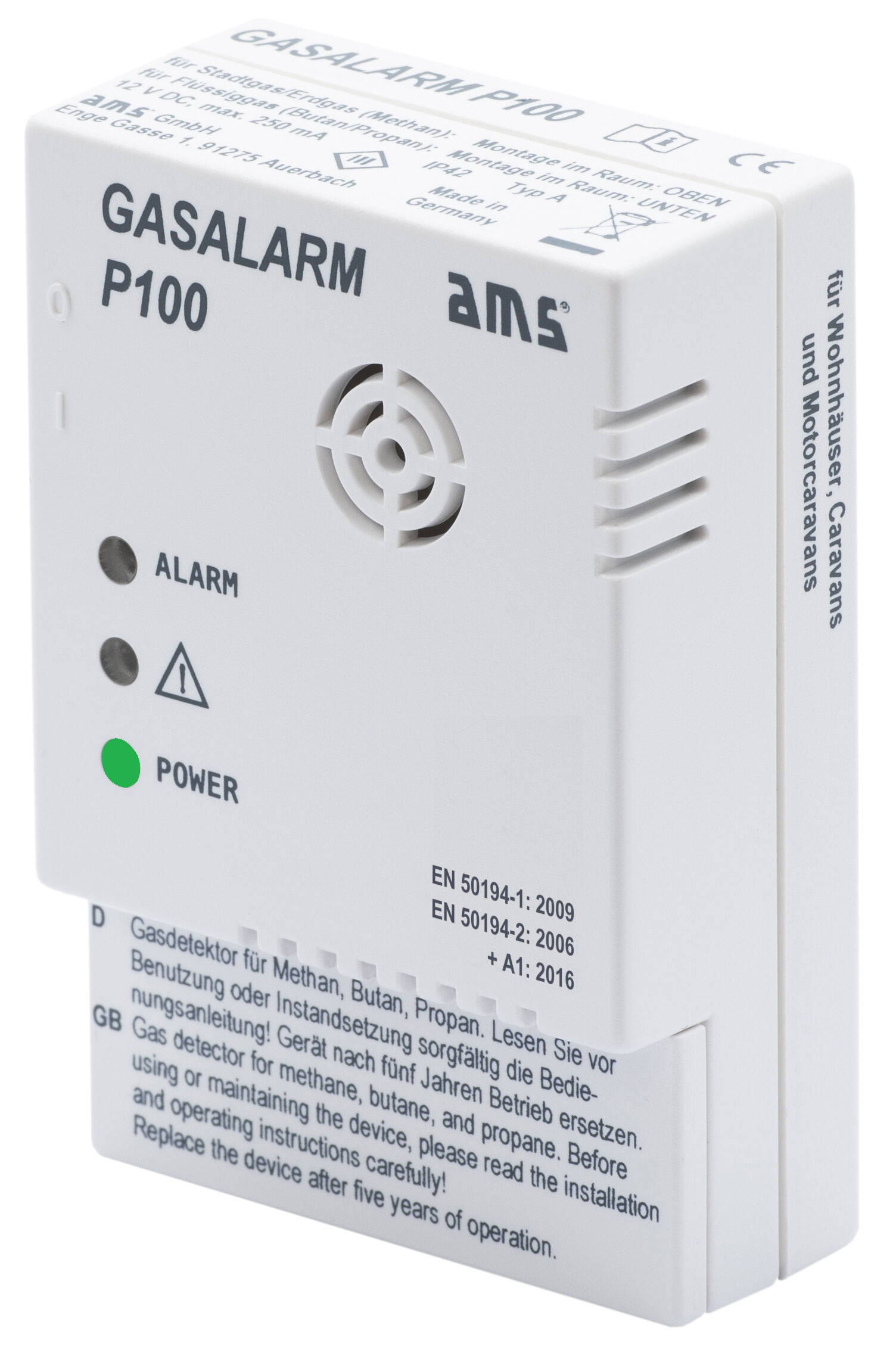 AMS Gas Alarm P100 Gasmelder 12V mit Schaltausgang AMS Gas Alarm P100 Gasmelder 12V mit Schaltausgang Detailansicht Bild 2 | EPS